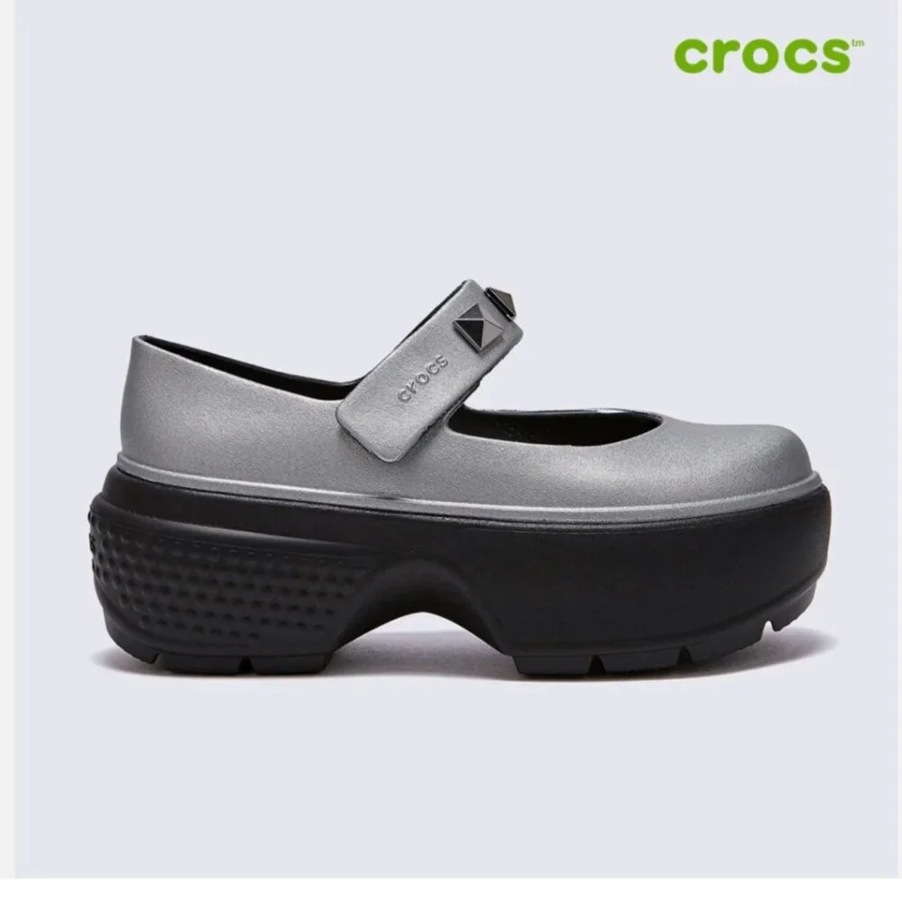NEW Crocs Stomp Metallic Silver Studded Mary Jane Platform Clogs Size W11/M9